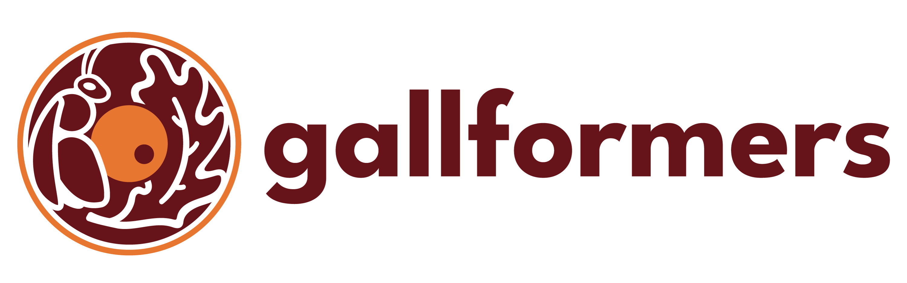 The gallformers logo: an oak gall wasp with a spherical oak gall and a white oak leaf.